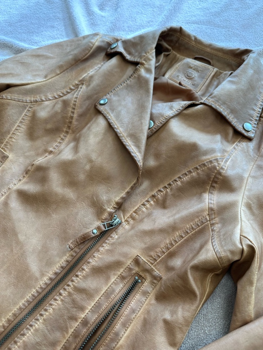 Max Studio Cognac Faux Leather Moto Jacket - Picture 3 of 5